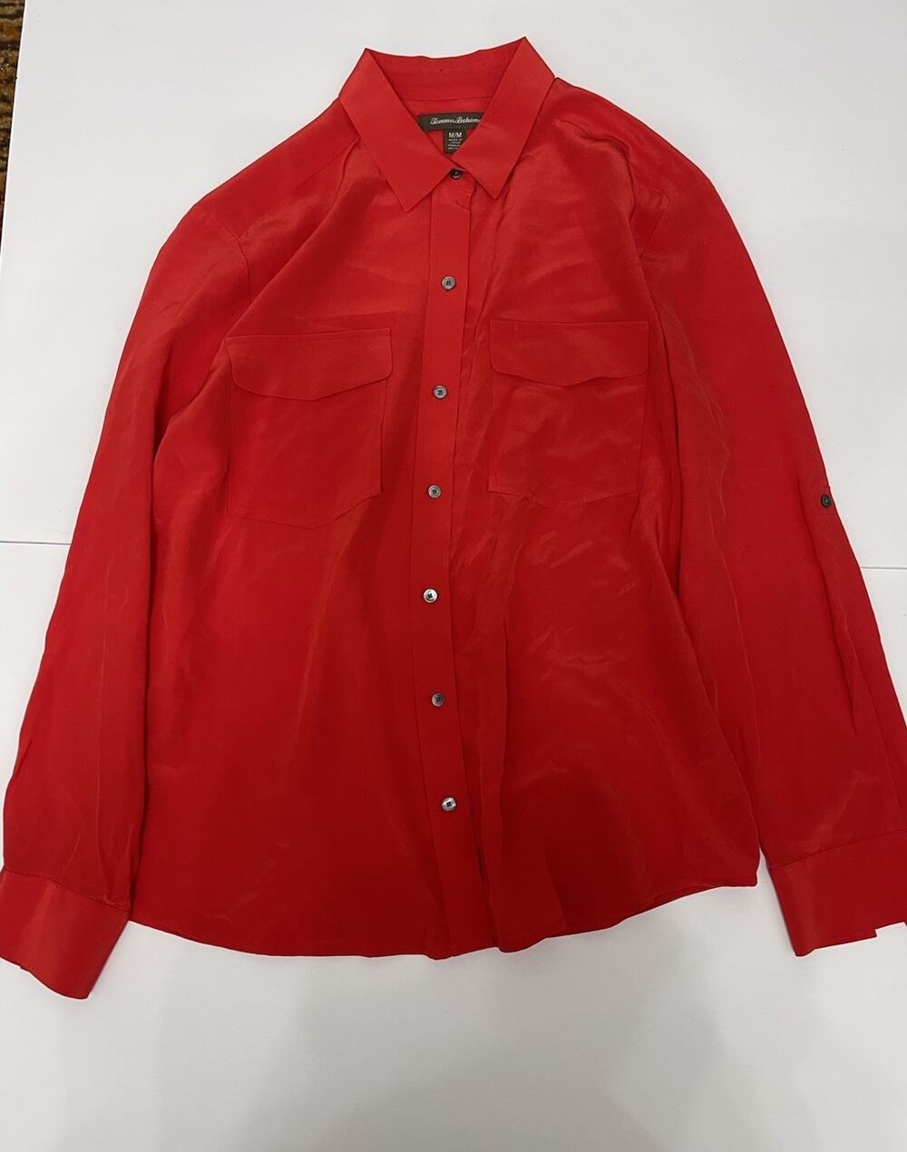 Tommy Bahama Red 100% Silk Button Down Long Sleeve Utility Shirt Blouse Sz M